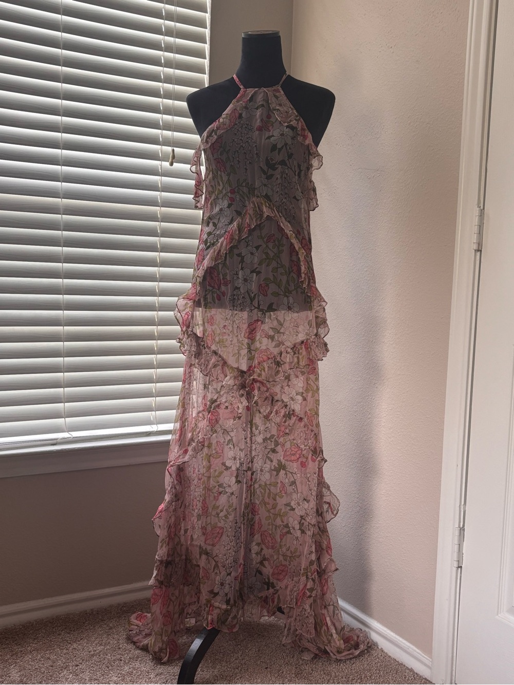 BHLDN Sheer Floral Halter Maxi Dress - Pink & Green